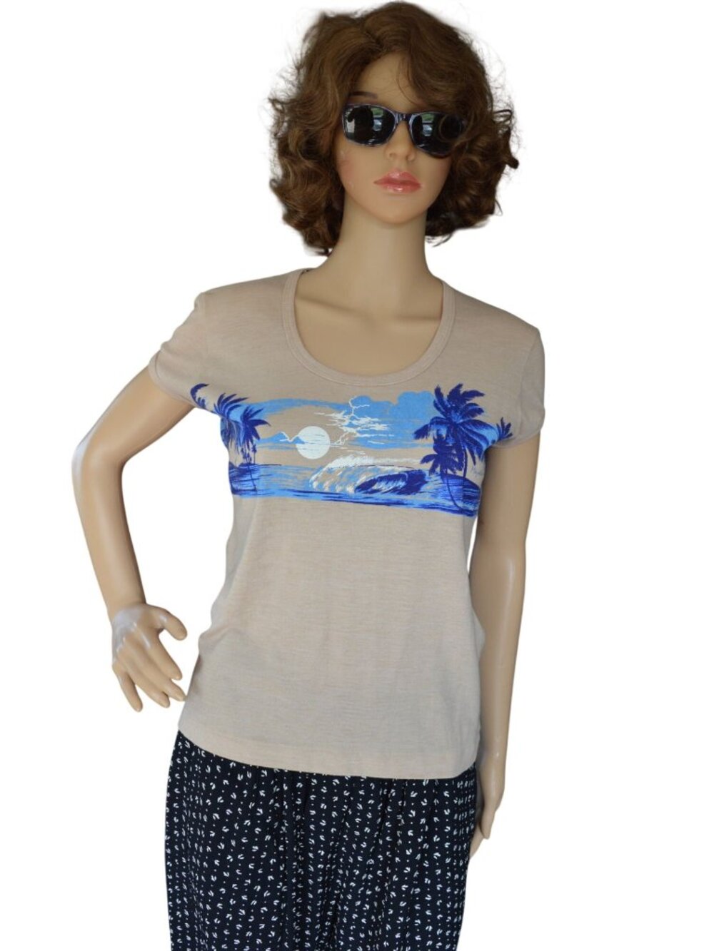 Vintage y2k Sunsport Tropical Summer Scoop Neck Tee Shirt Women Estimated Size S